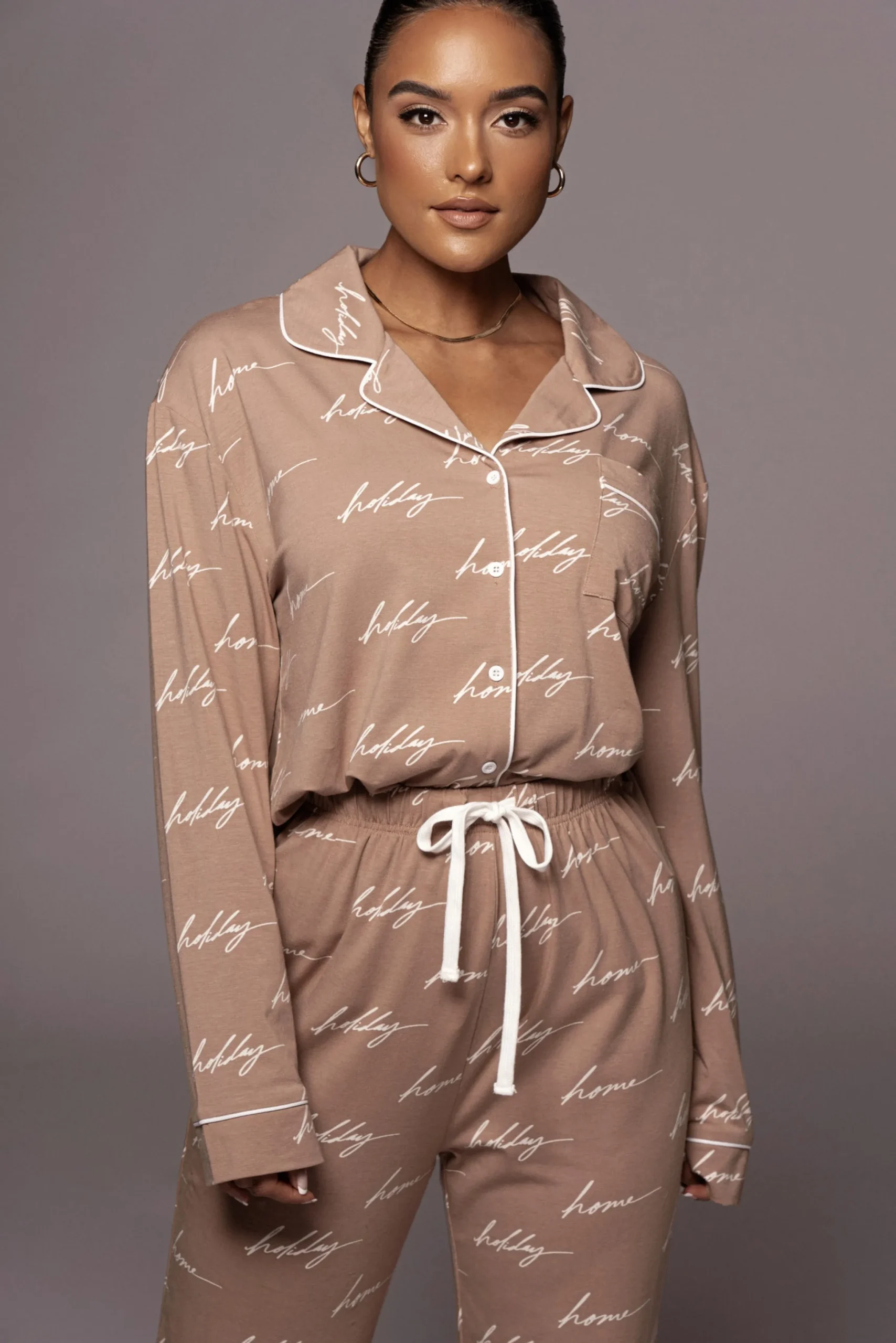 White/Tan Home For The Holiday Adult Pajama Set*JLUXLABEL Discount